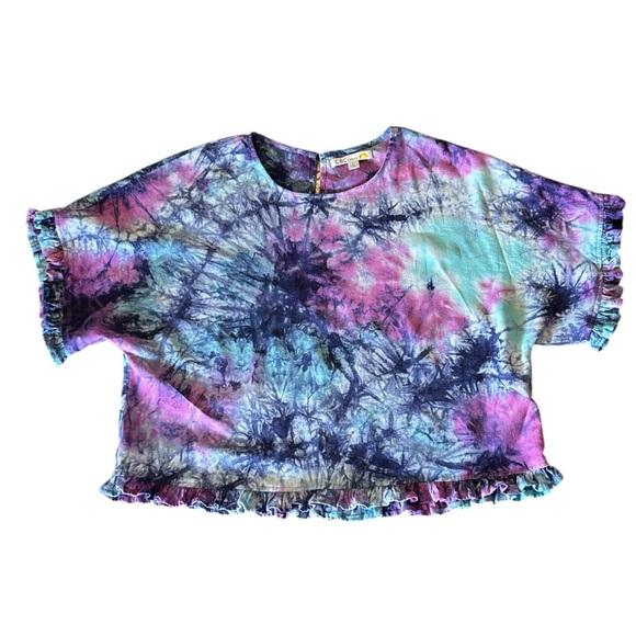 C&C California linen blend Colorful Tie-Dye Ruffle Hem Top - Picture 1 of 5